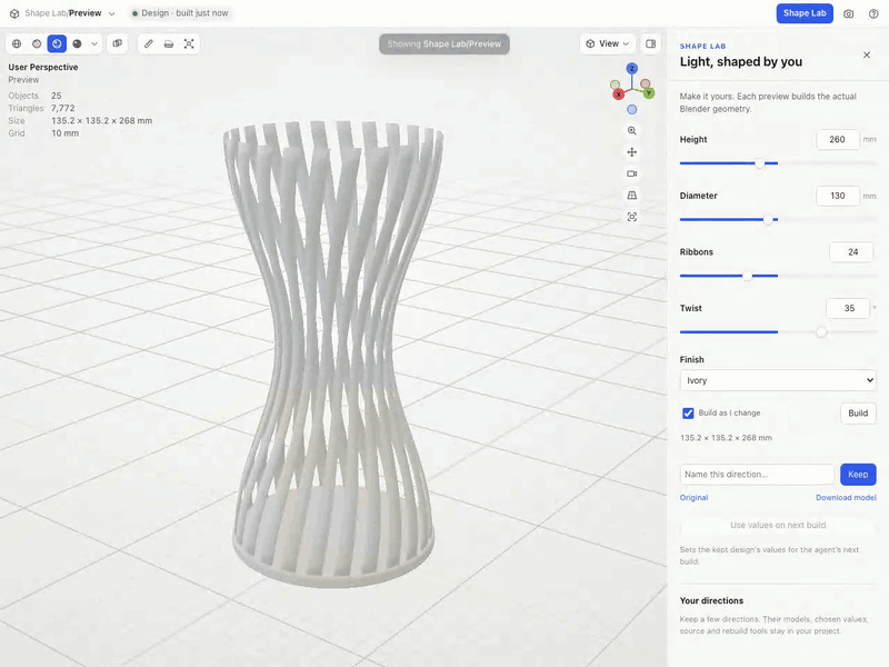 Shape Lab in Blender: dragging height and twist sliders rebuilds a ribbon lamp, and chosen designs are kept.