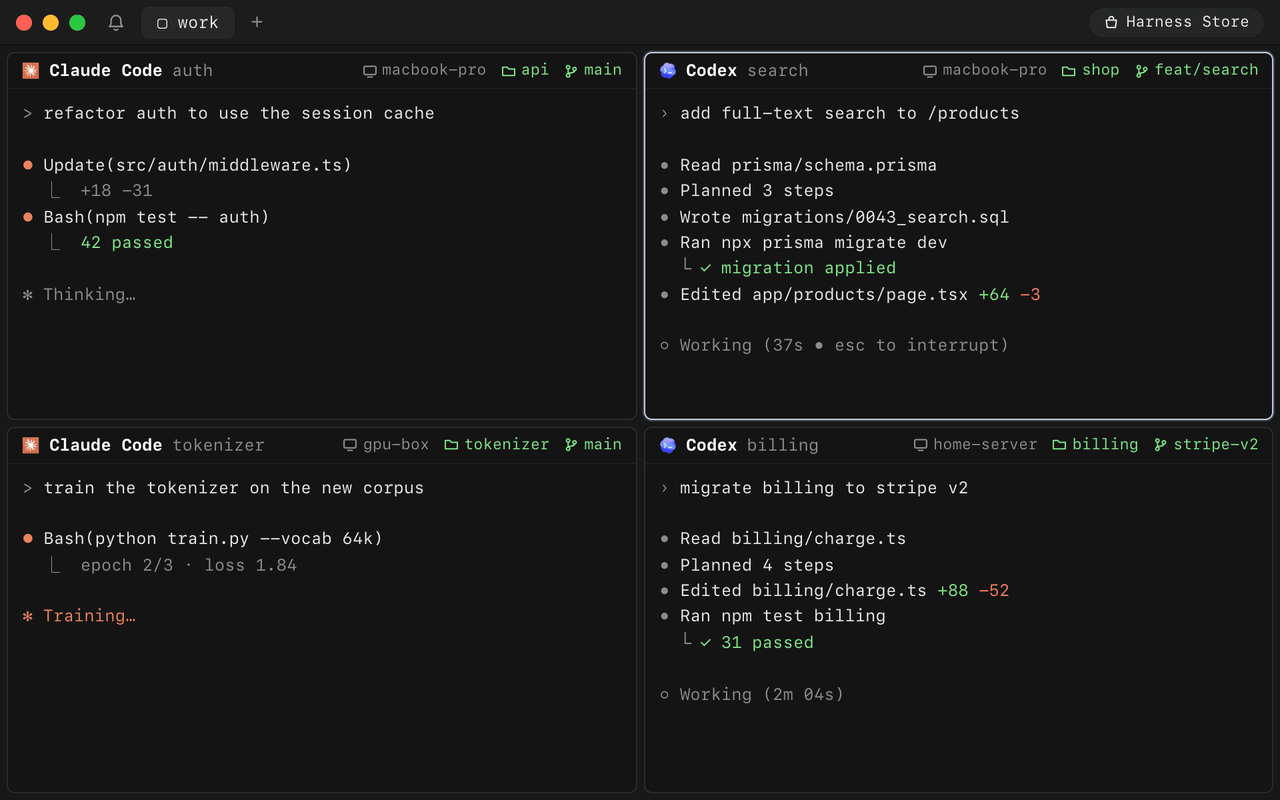 Keyboard only: open a session by typing a few letters, zoom it, jump to the agent asking a question and answer it, then split a new pane below.