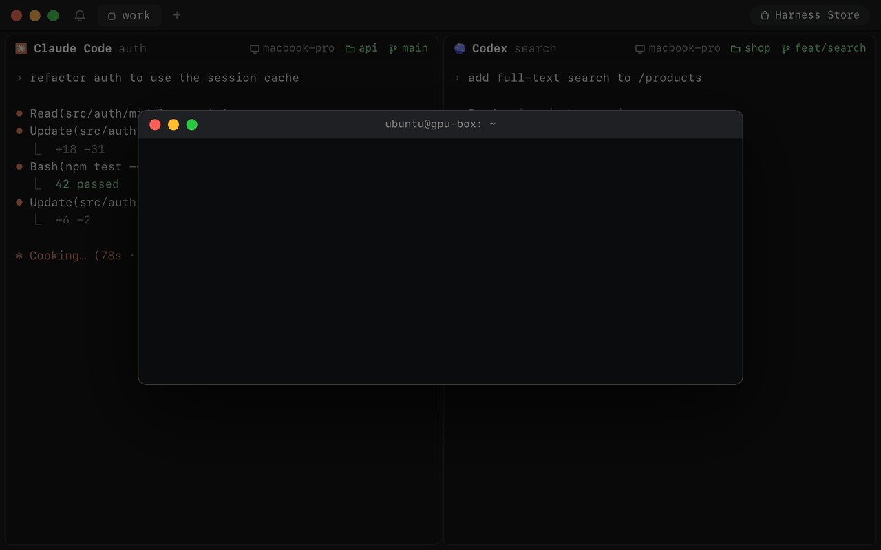 A new GPU box runs four setup commands and comes online. The app links it with its password, then starts Claude Code there.