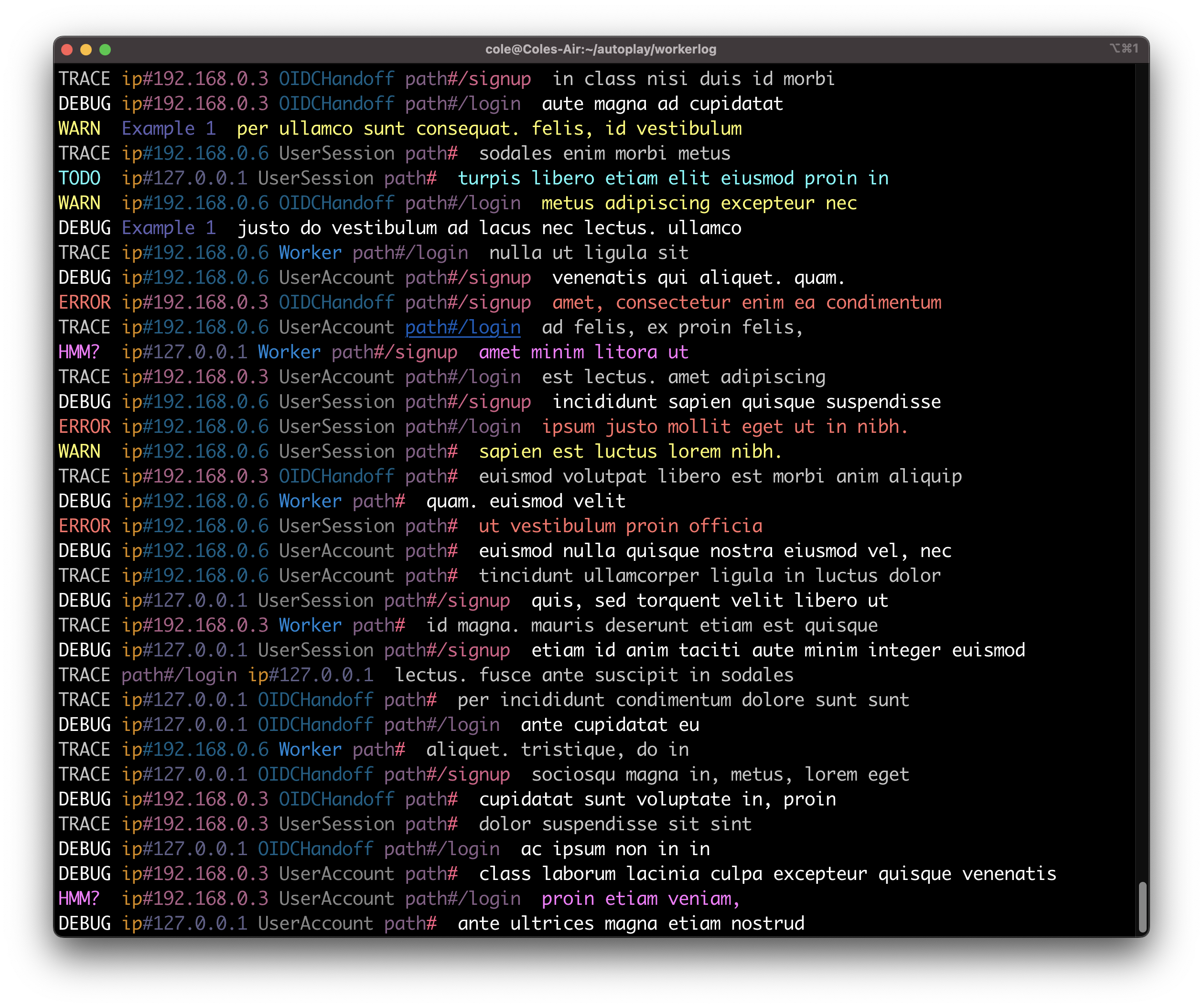 Screenshot of colorful logs from npm run demo