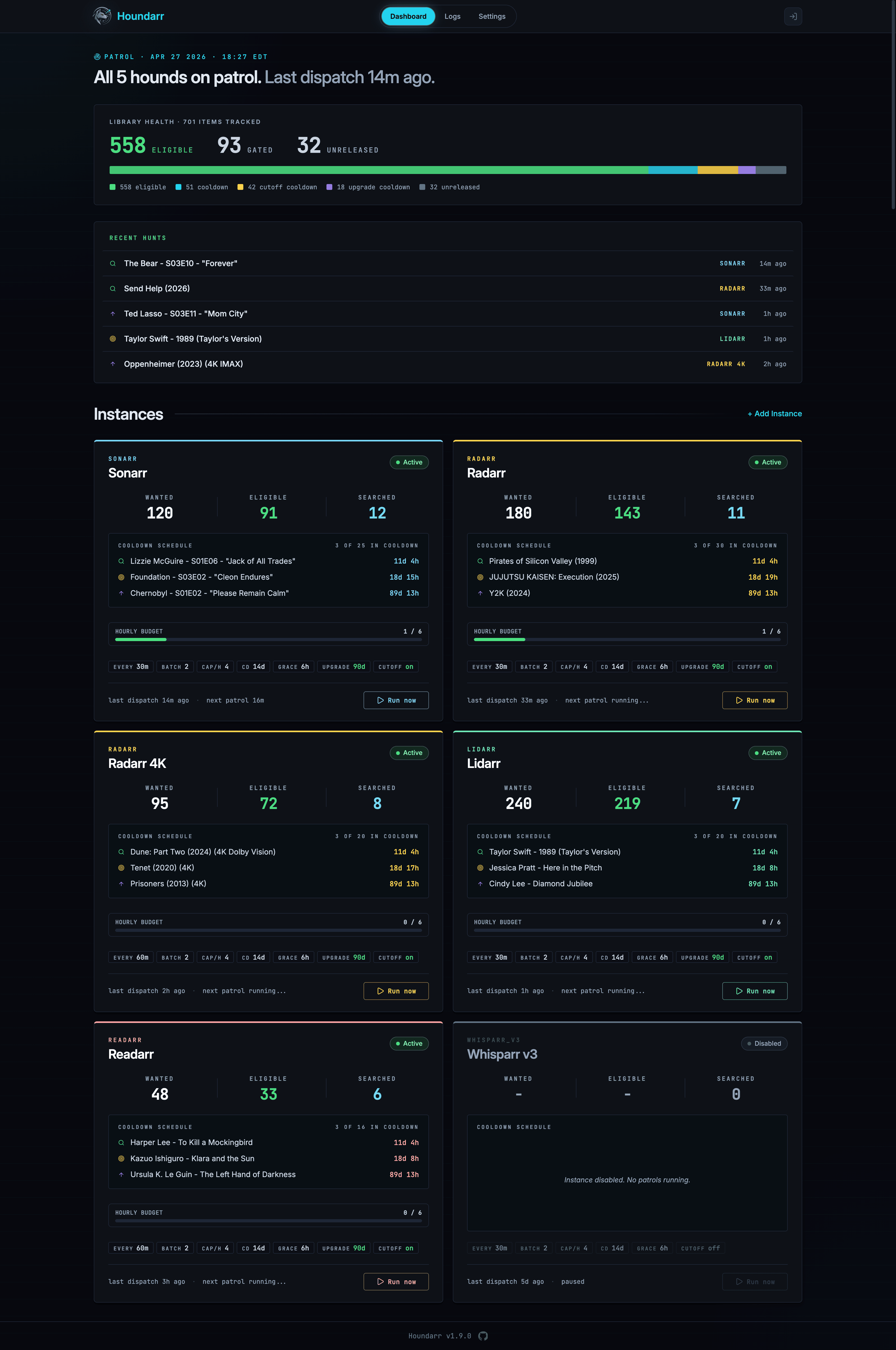 Houndarr dashboard