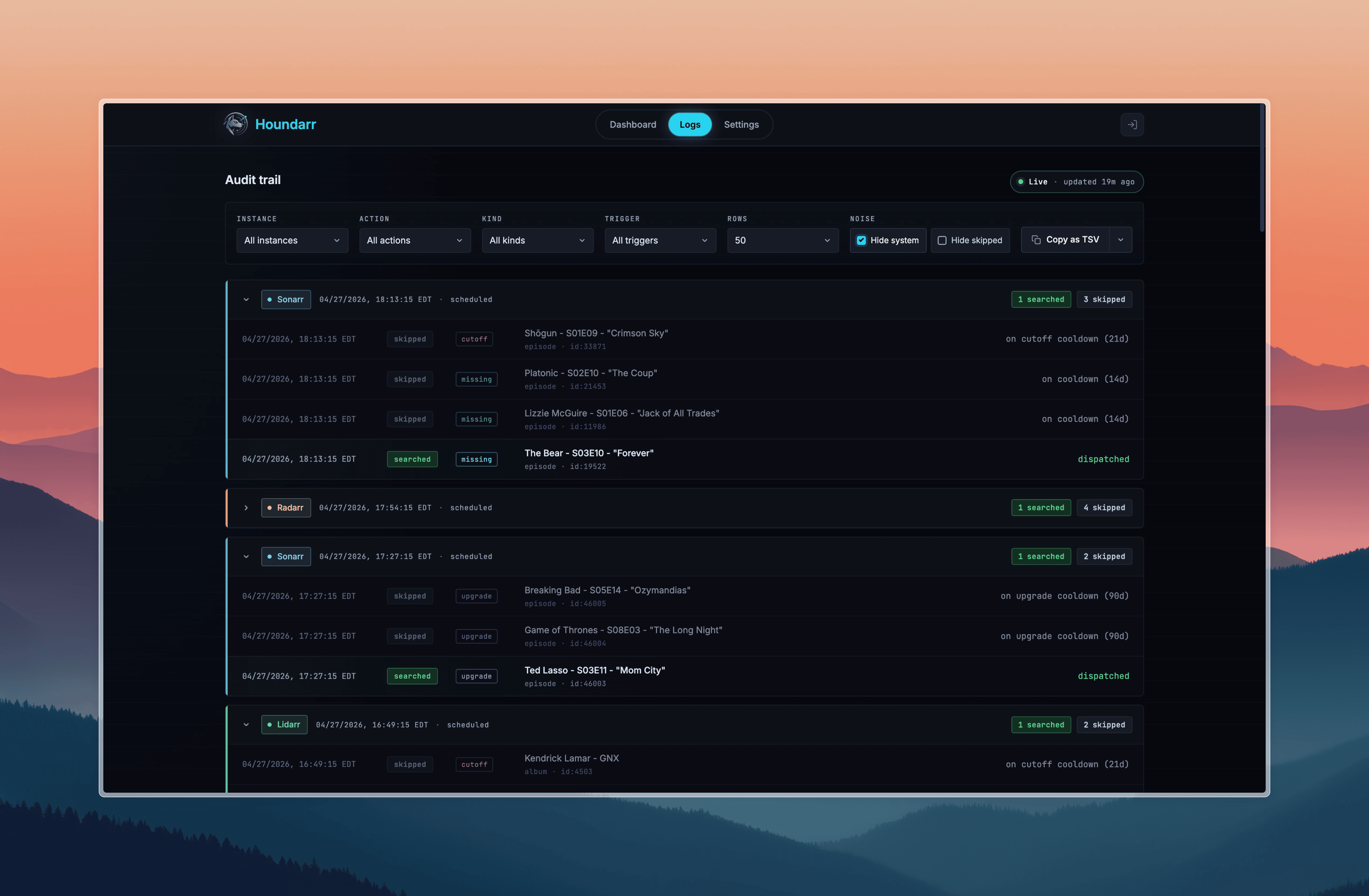 Houndarr log viewer