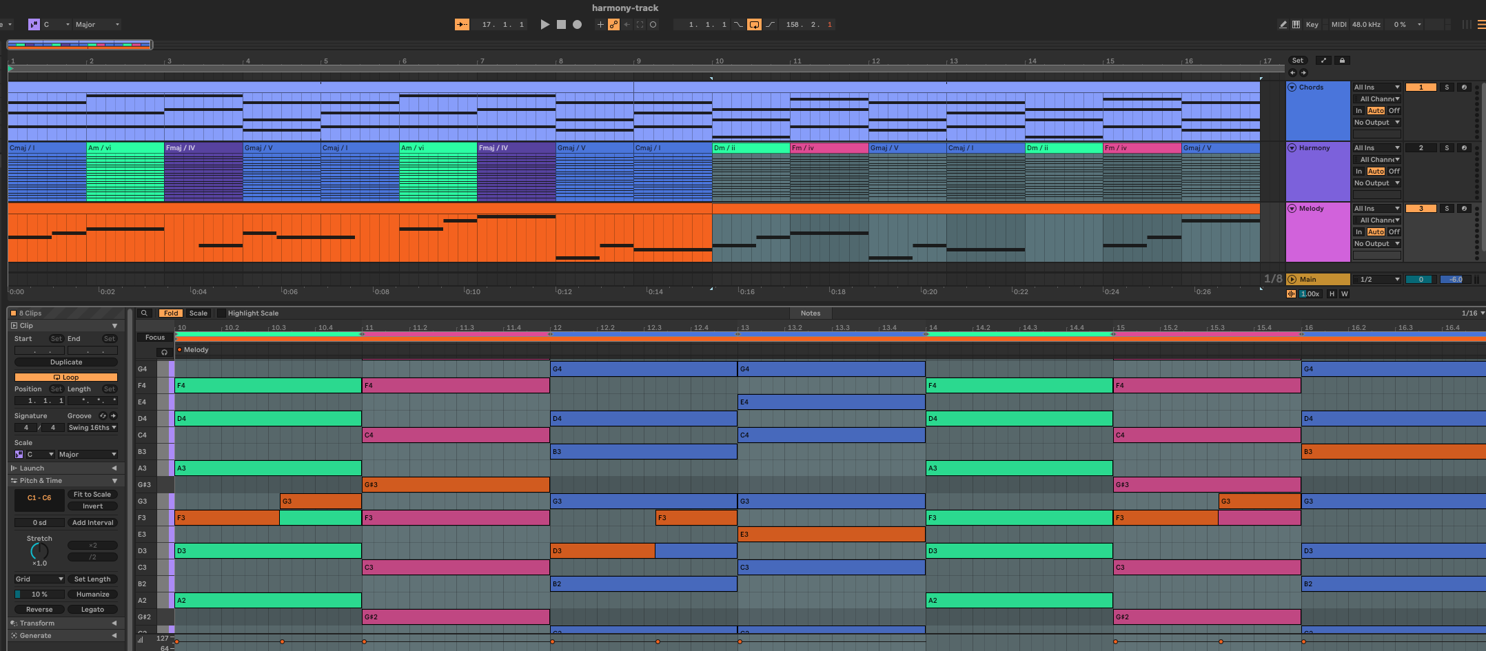 The Harmony track in Live: chord clips colored by harmonic function above the source track, with guide notes layered under a melody in the piano roll