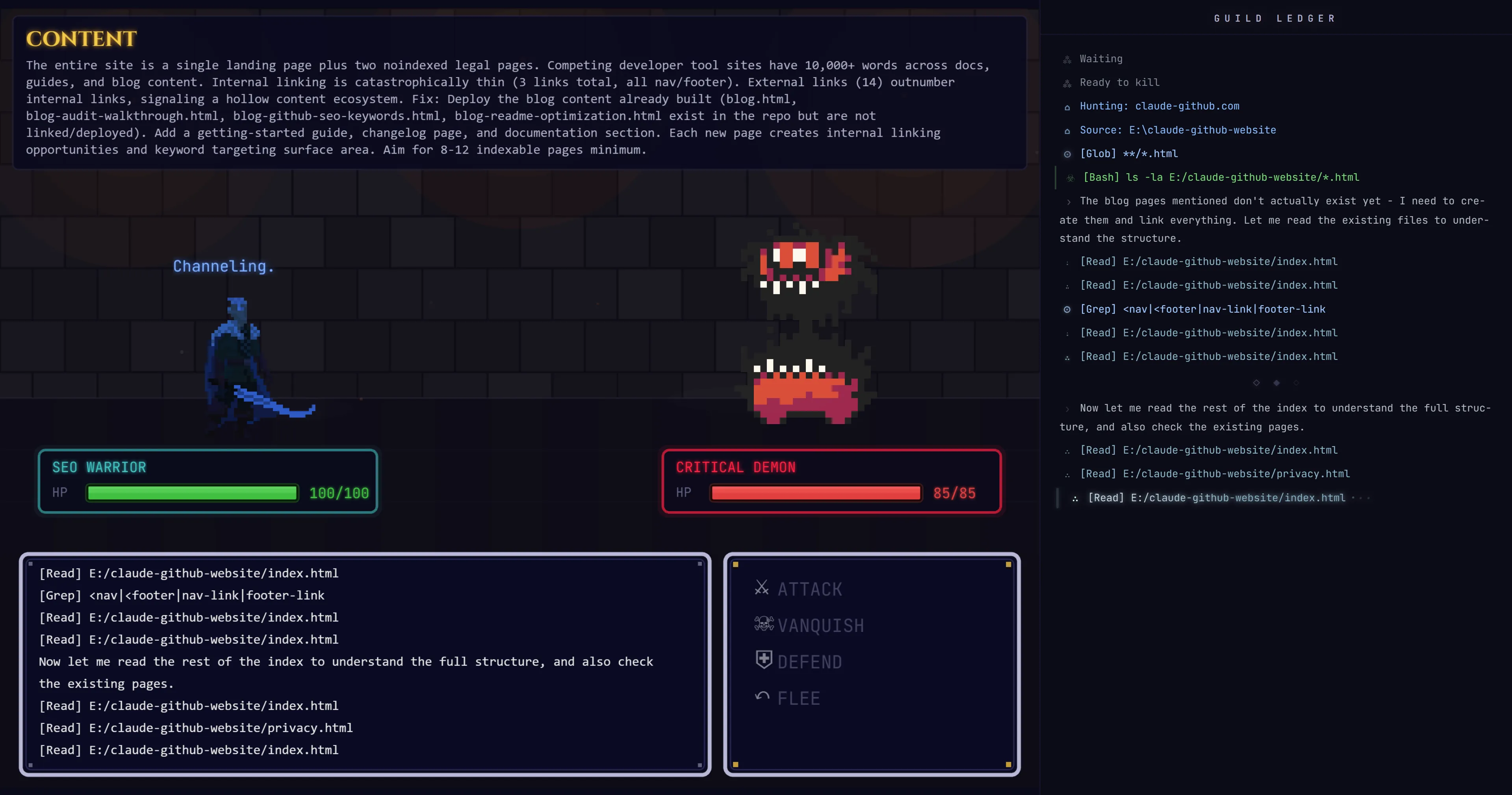 Claude SEO Dungeon - turn-based SEO battle scene with Guild Ledger