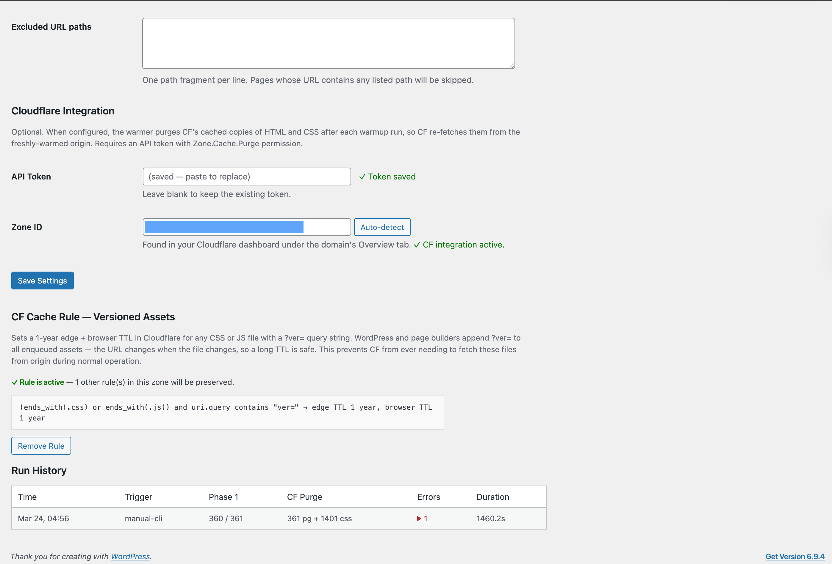 Settings — Cloudflare integration, health check, and run history