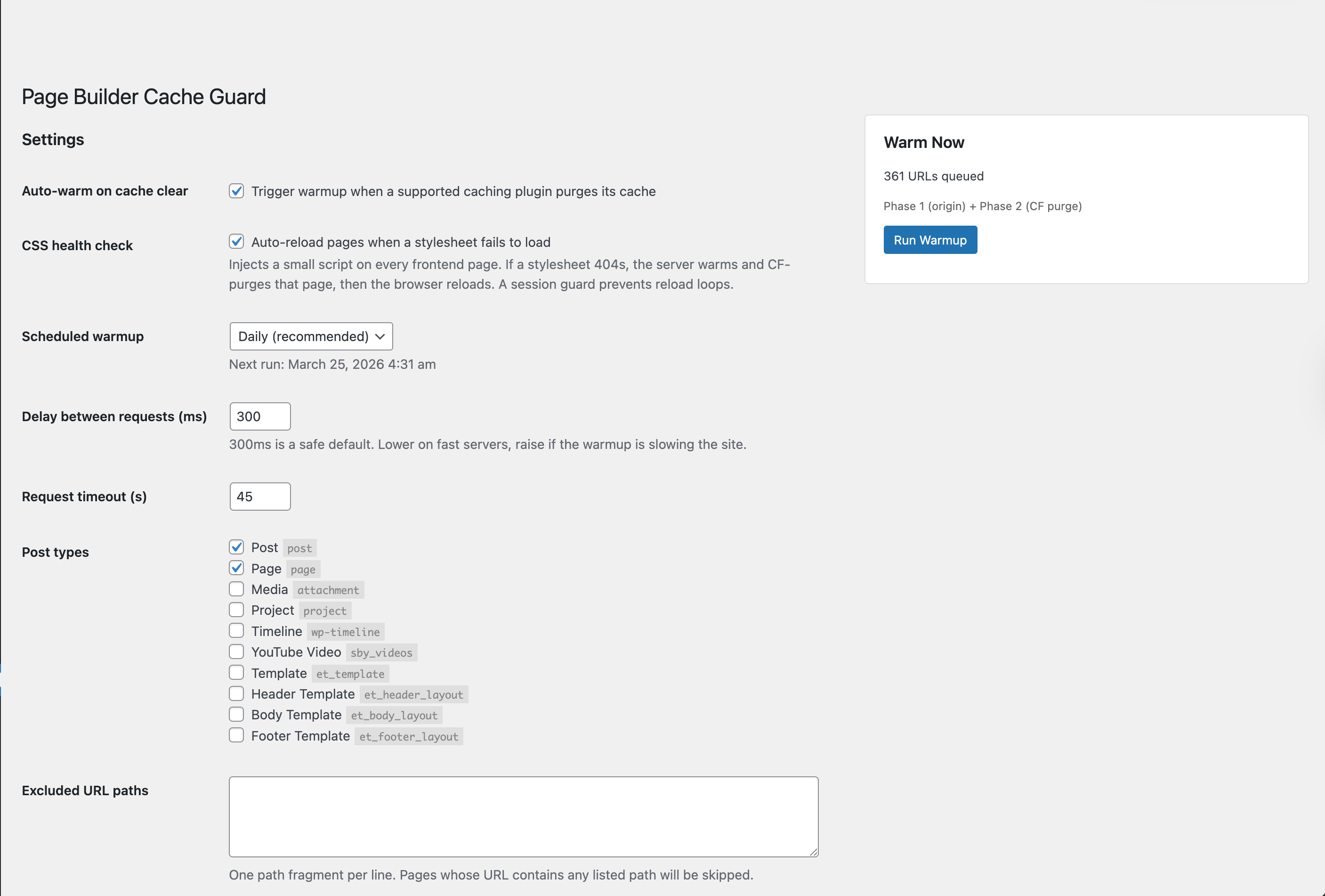 Settings — Schedule, post types, and warmup configuration