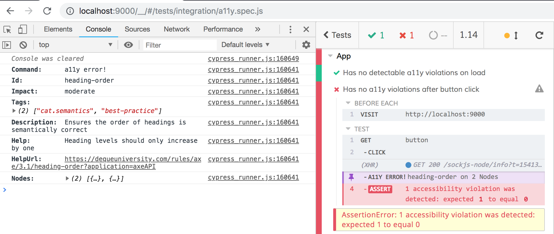 Cypress and DevTools output for passing and failing axe-core audits