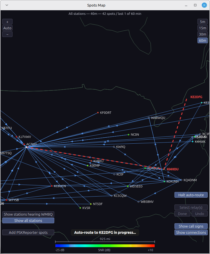 Spots Map animation: automatic route discovery finding a multi-hop relay path, 30x speed