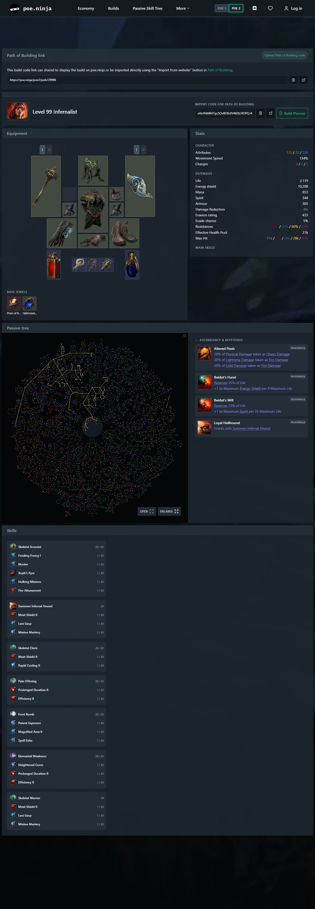 Full level 99 Infernalist build generated without memory, including equipment, stats, passives, ascendancy, and skills