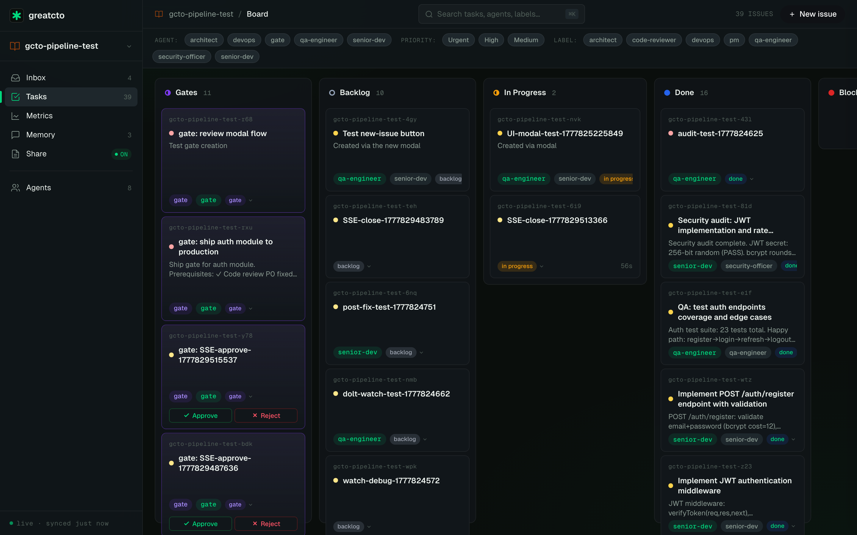 Kanban board with realtime SSE updates