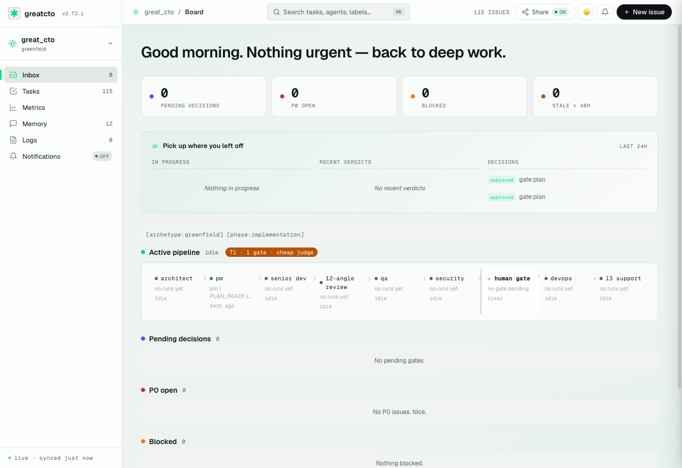 The build board — live pipeline with the risk-tier gate badge, inbox and cost