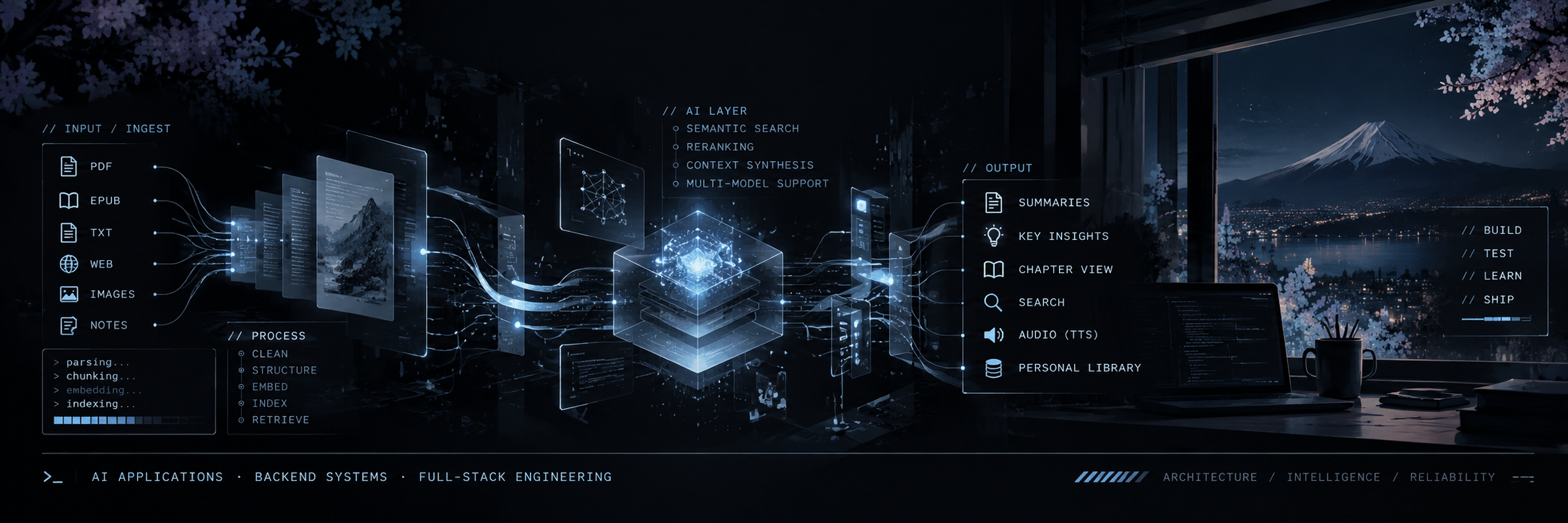 AI processing pipeline in ice blue and silver