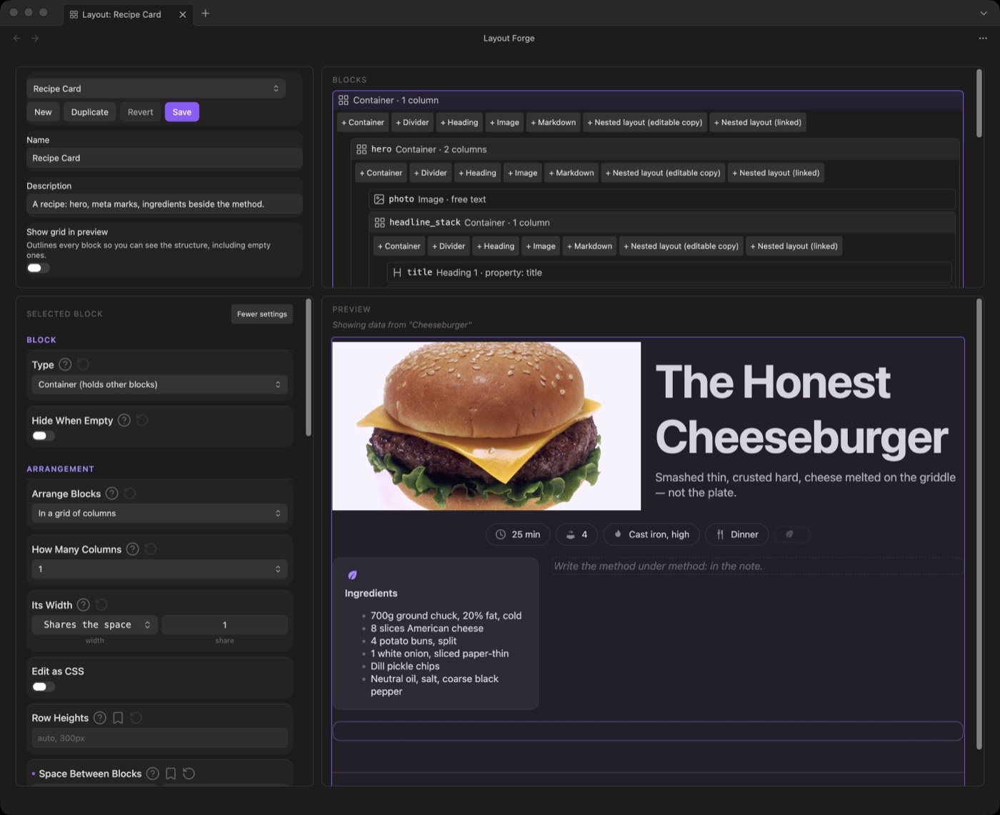 The layout editor: blocks, settings and a live preview