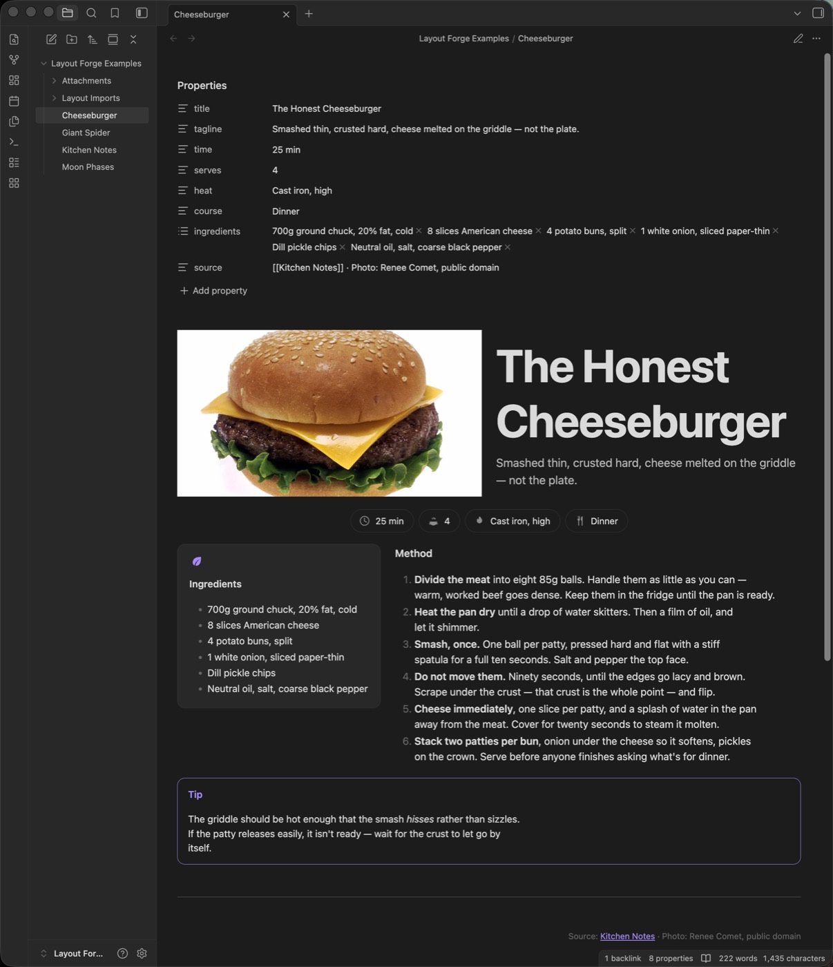 A recipe rendered from a layout