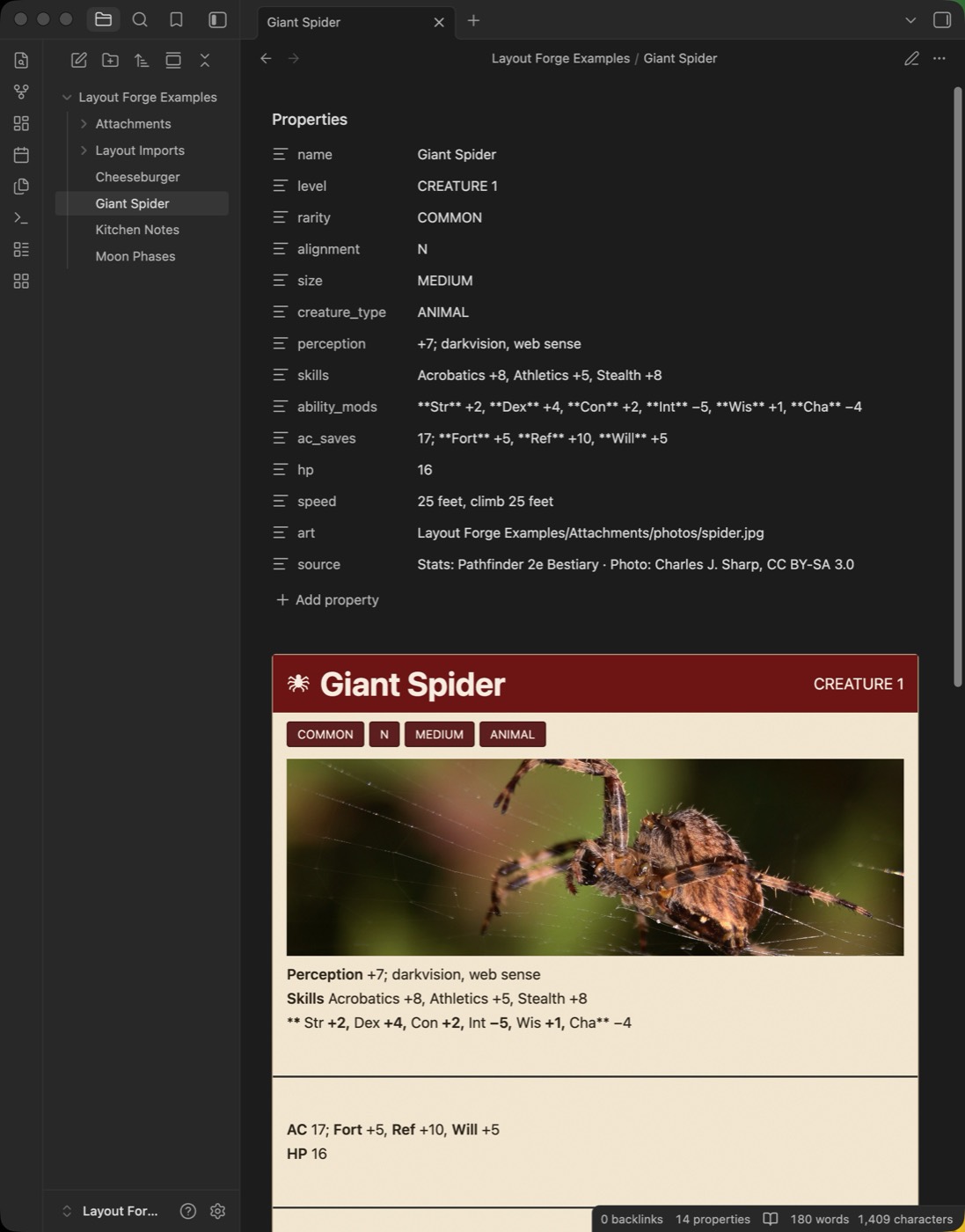 A Pathfinder 2e statblock rendered from a layout