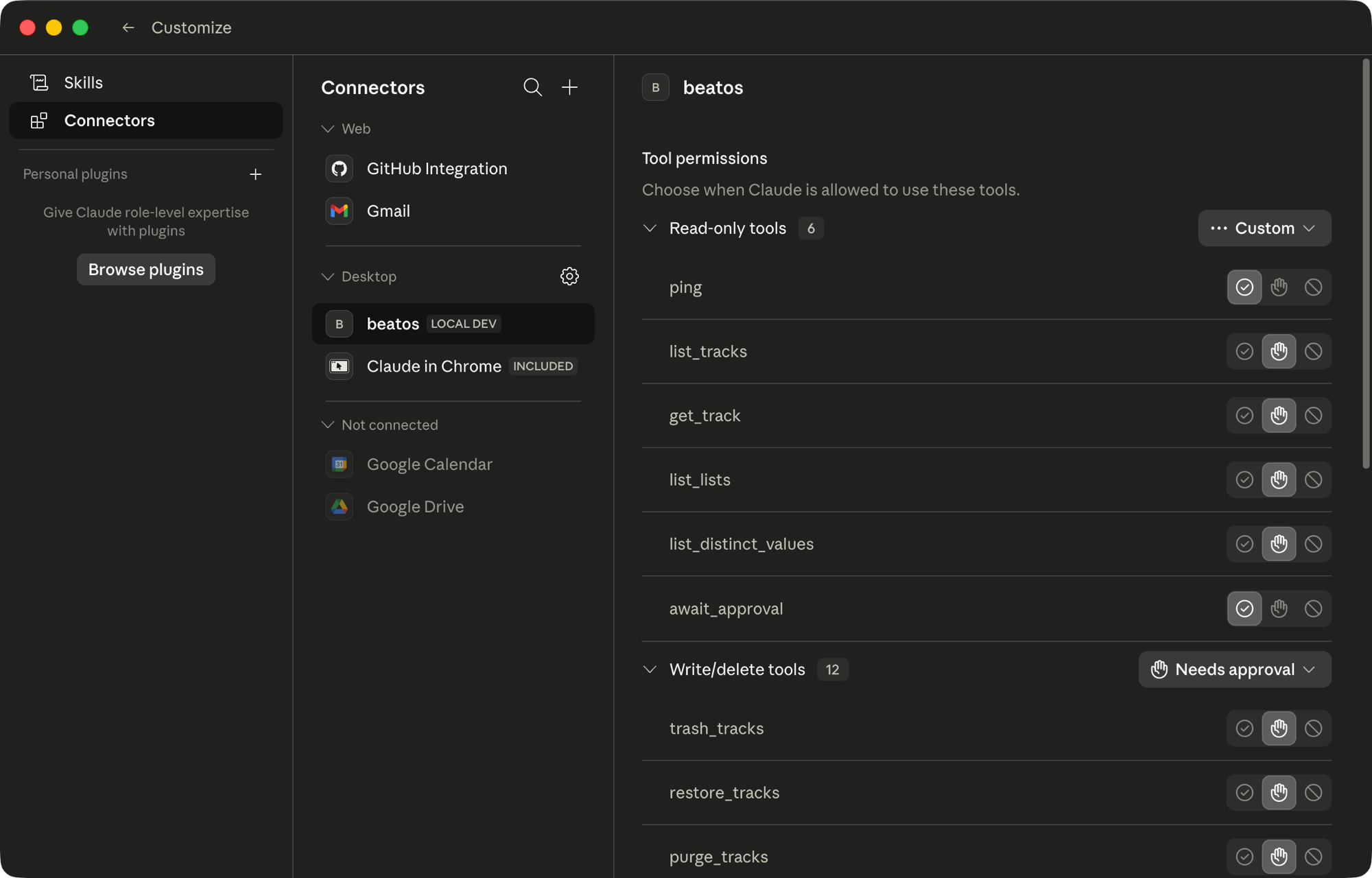 BeatOS surfaced as a Desktop connector in Claude Desktop, with all 20 tools listed under read-only and write/delete permission groups