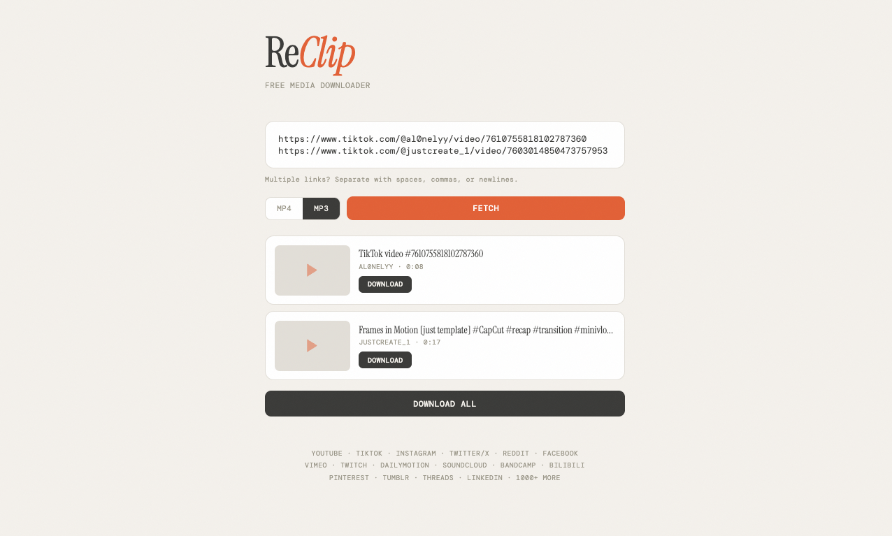 ReClip의 MP3 모드 웹 UI 스크린샷으로 상단에 URL 입력 상자와 MP4/MP3 토글, Fetch 버튼이 보이는 이미지입니다.