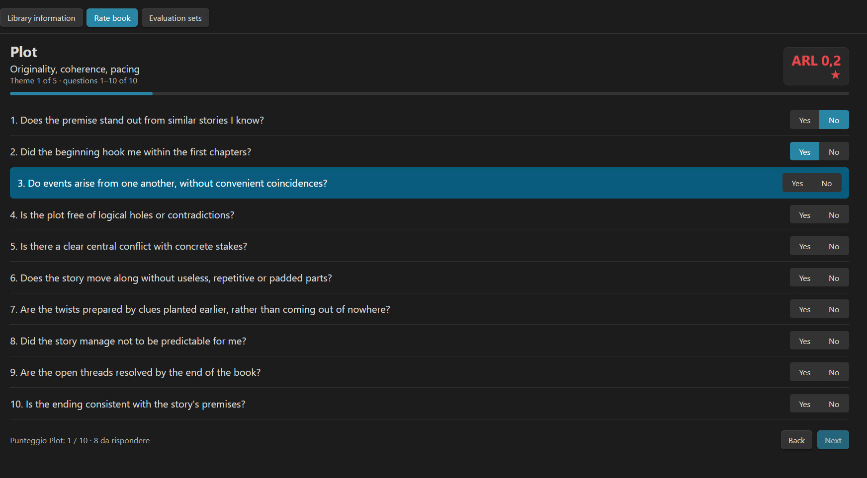 The questionnaire: Yes / No questions, progress bar, live ARL and stars at the top right, current question highlighted