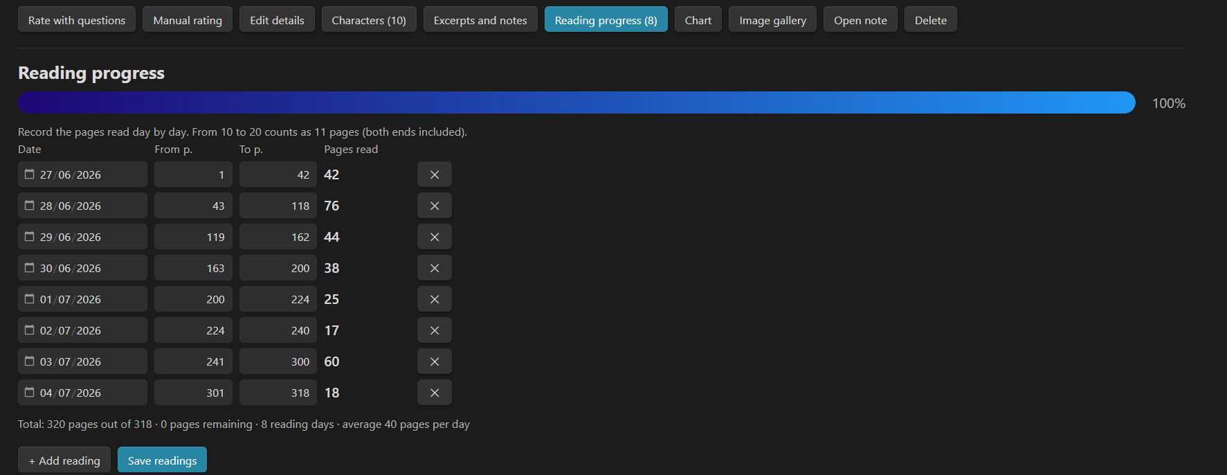 Reading progress: the log of sessions (date, first and last page) with summary, pages remaining and progress bar