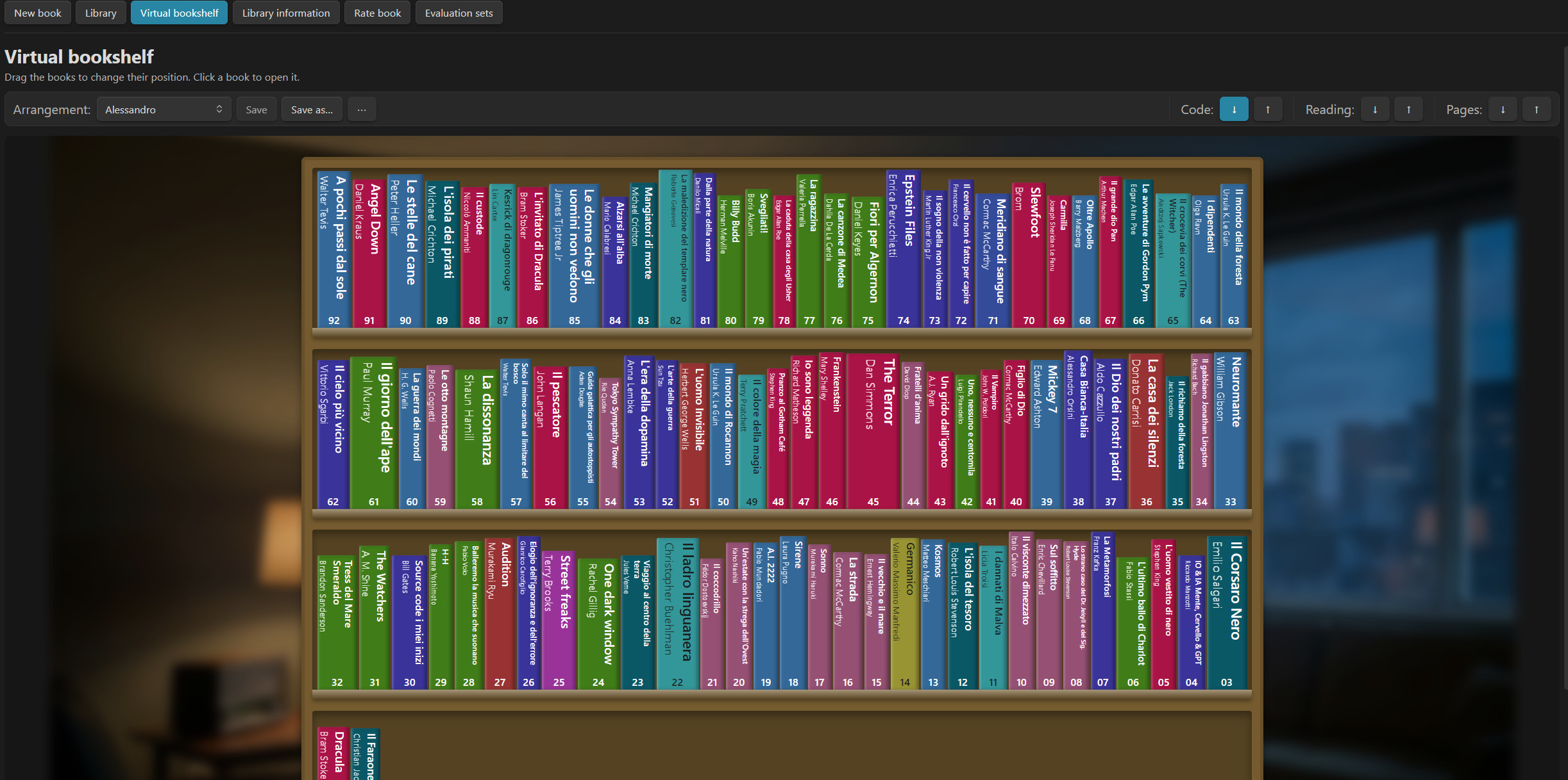 The virtual library: shelves with coloured spines, codes at the foot, the toolbar on one row and a background image
