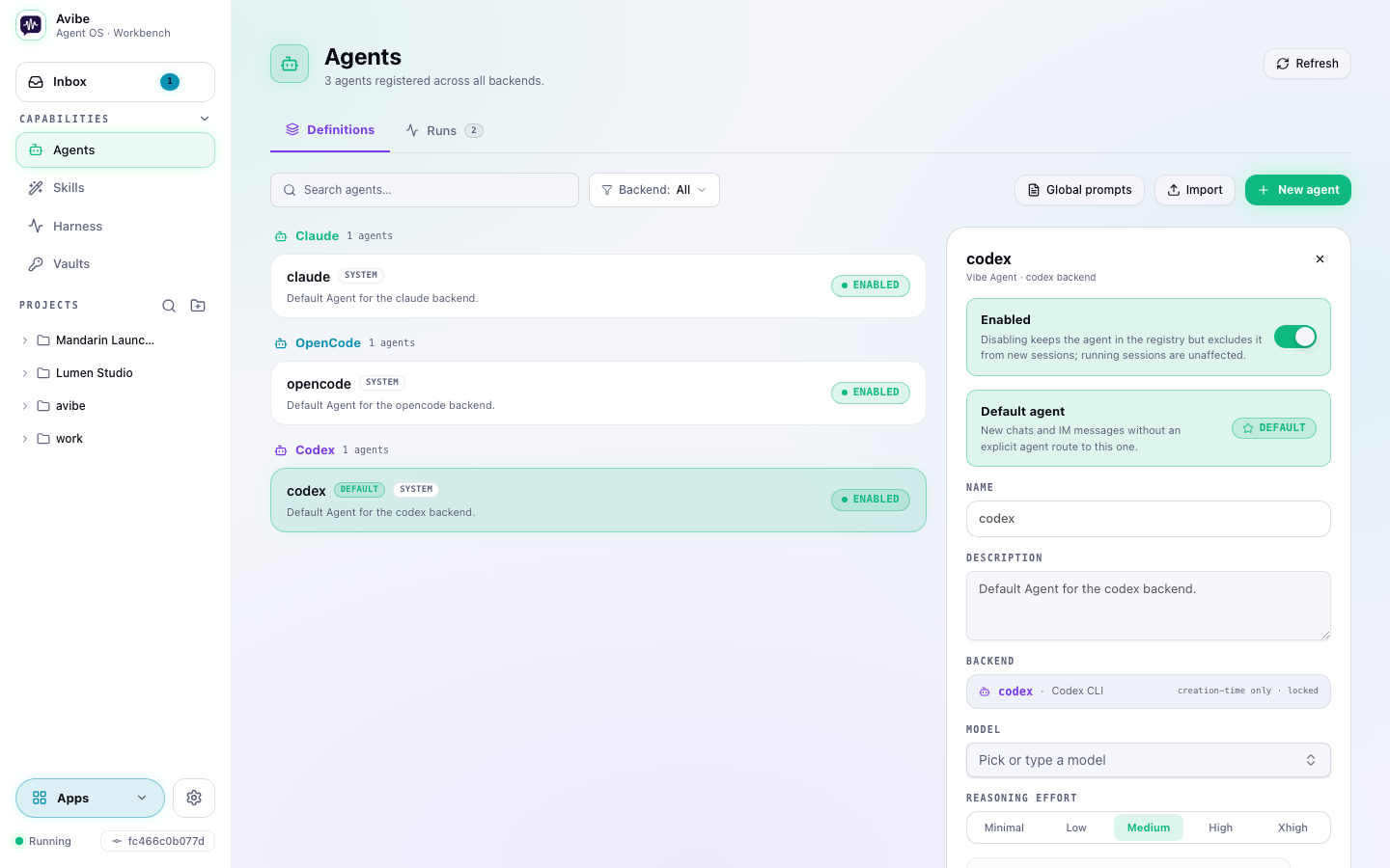 Avibe Agents registry with Claude Code, Codex, and OpenCode backends