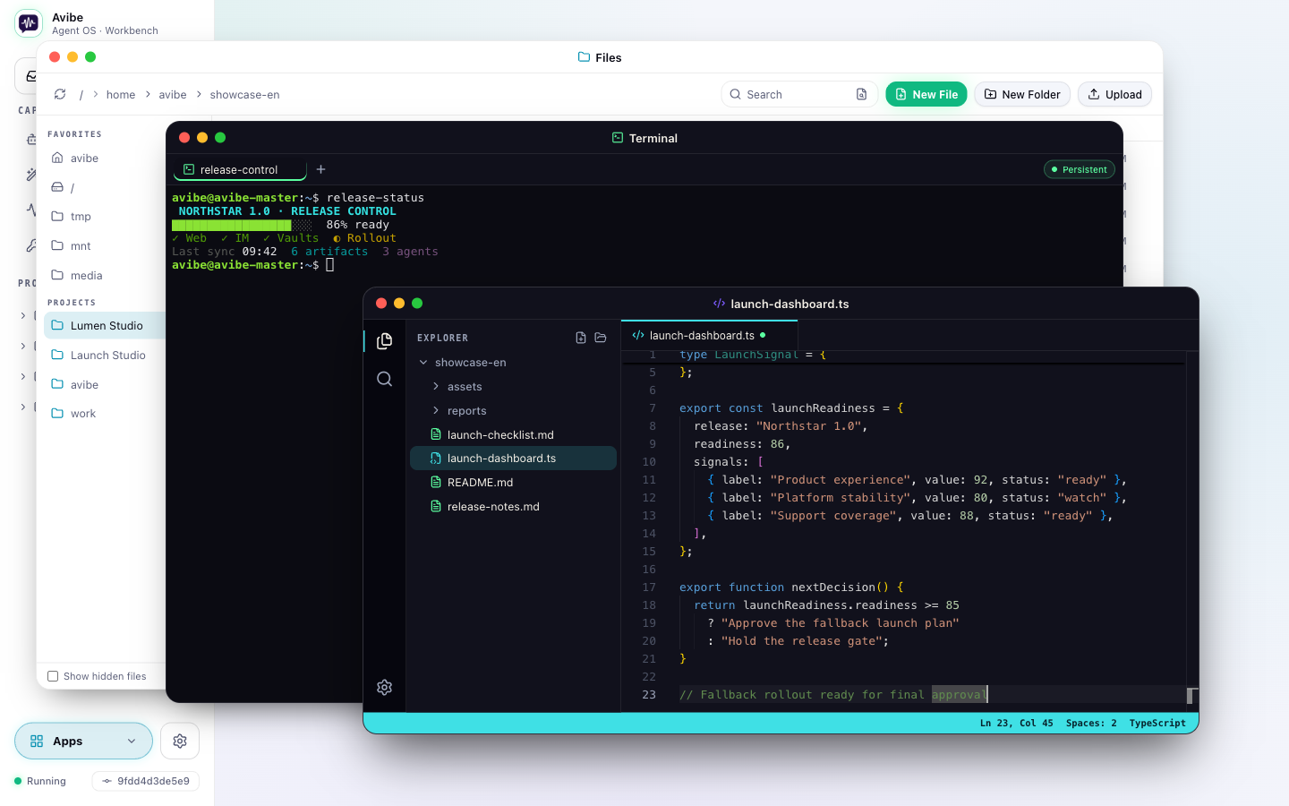 Avibe's multi-window Workbench with Files, Terminal, and Editor open together