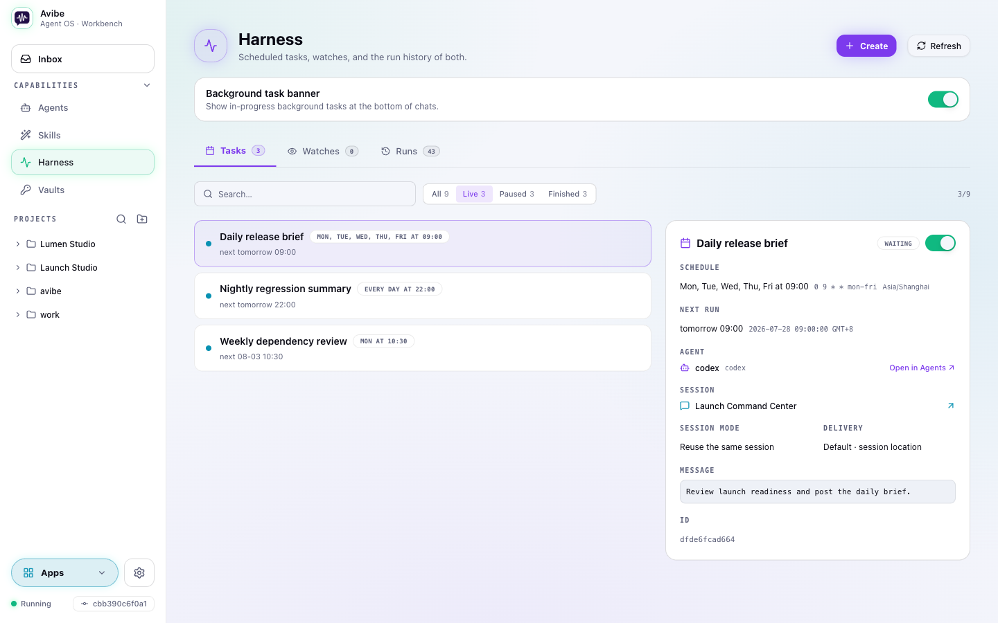 Agent Harness task list with schedule, Agent ownership, session, and delivery details