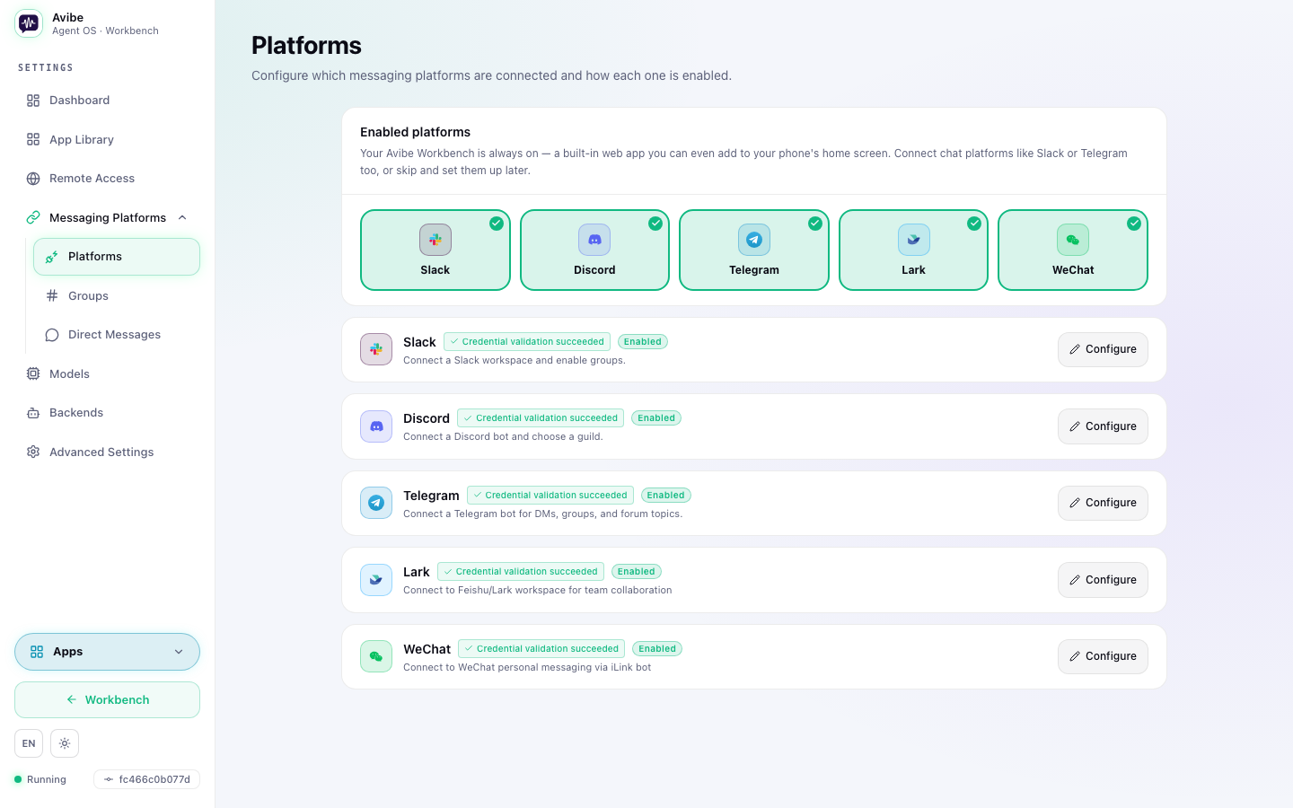 Avibe messaging platform connections for Slack, Discord, Telegram, WeChat, and Lark