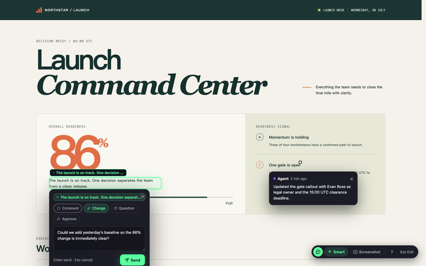 Show Page review with anchored comments and Agent replies on the page