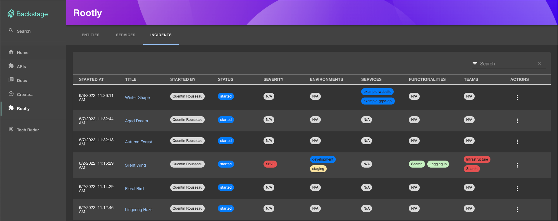 Rootly incidents page