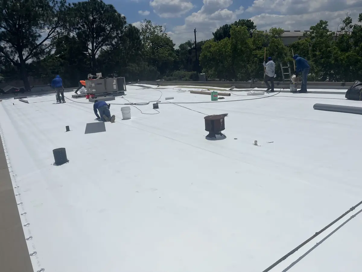 New white TPO membrane with rooftop penetration detailing