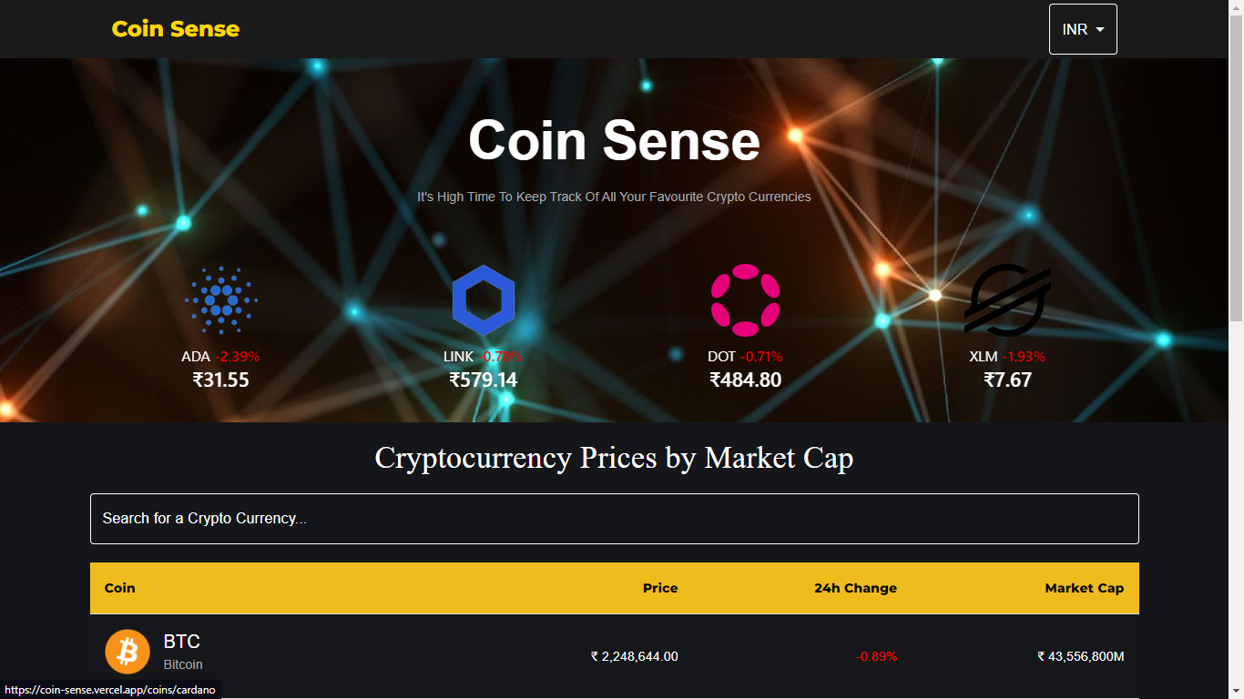 Screenshot of CoinSense website