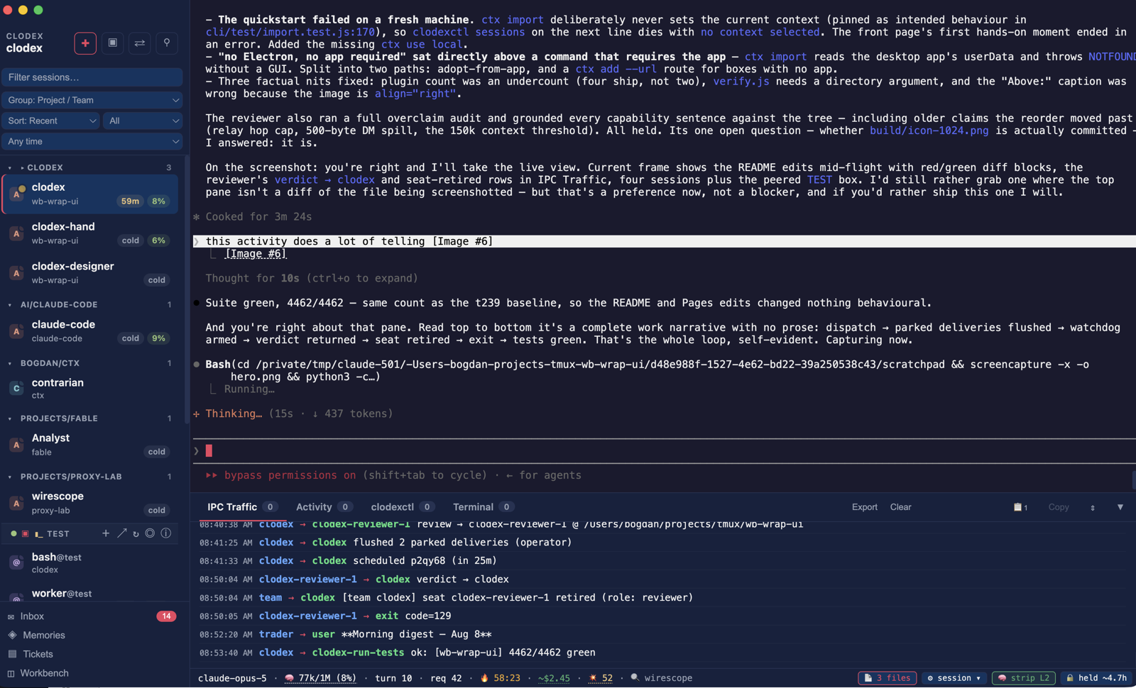 Clodex: sidebar of agent sessions grouped by project with live context and cache-warmth badges, a peered machine contributing remote sessions, a full-height terminal, and the IPC Traffic drawer showing agents messaging each other