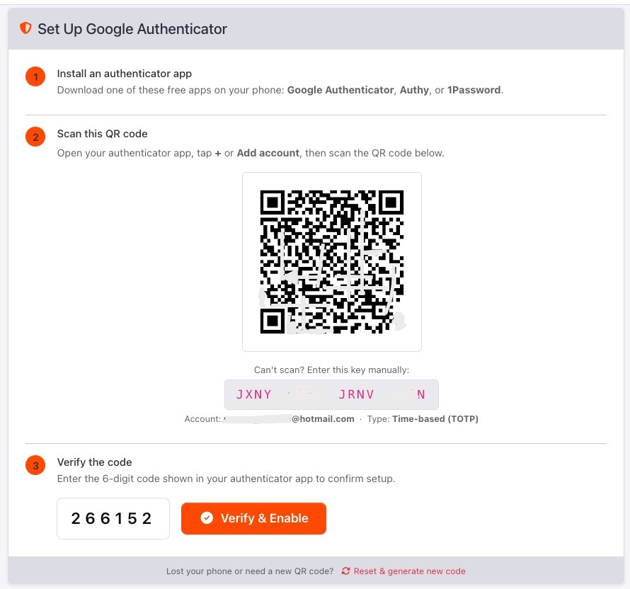 Google Authenticator setup wizard