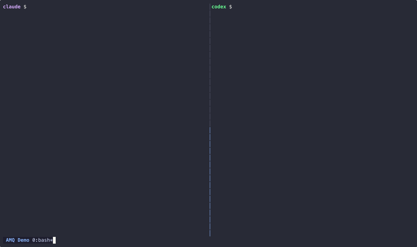 AMQ Demo — Claude and Codex collaborating via split-pane terminal