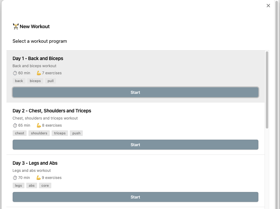 New Workout Selection