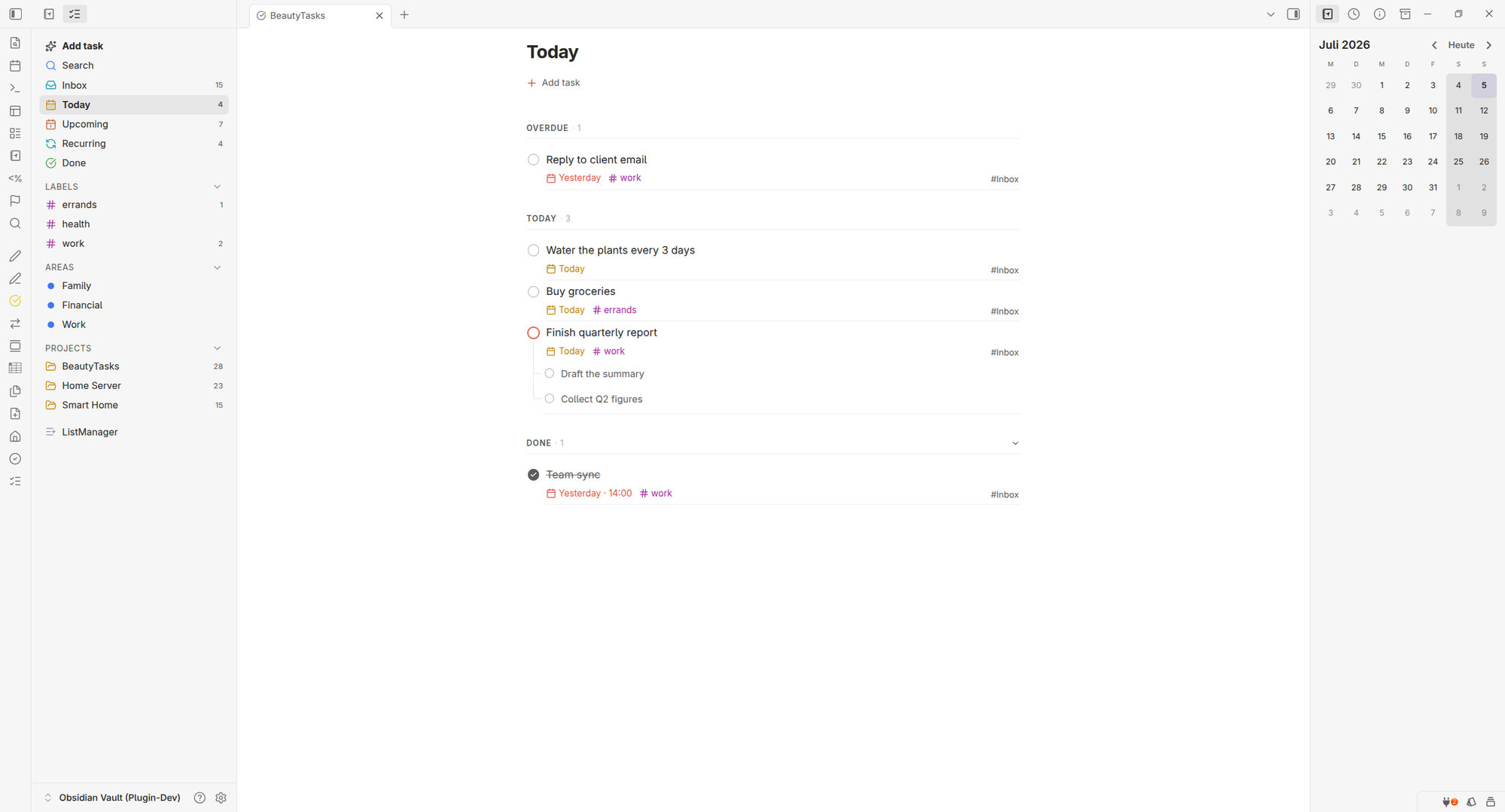 BeautyTasks dashboard — Today view