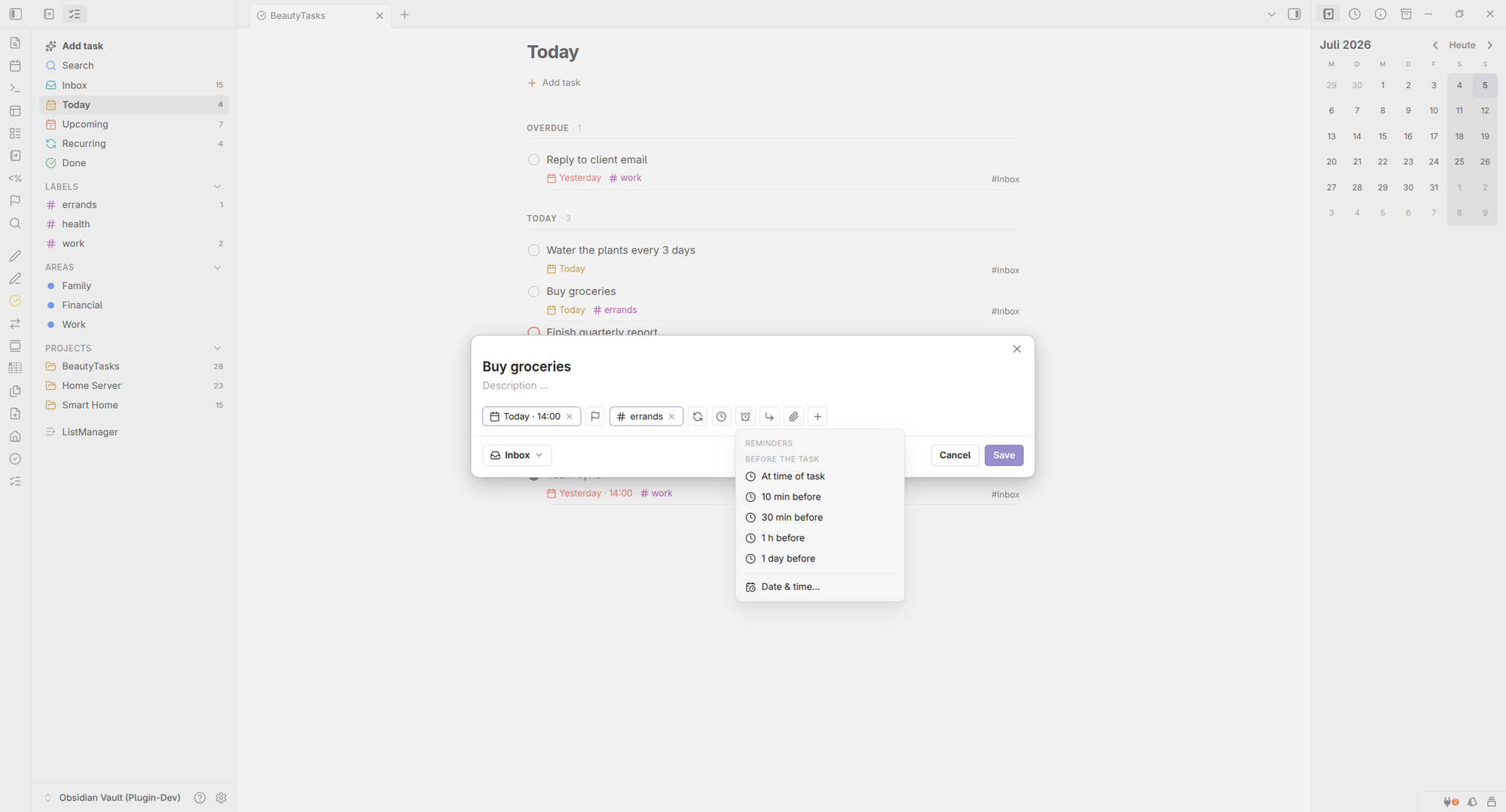 BeautyTasks reminders popover