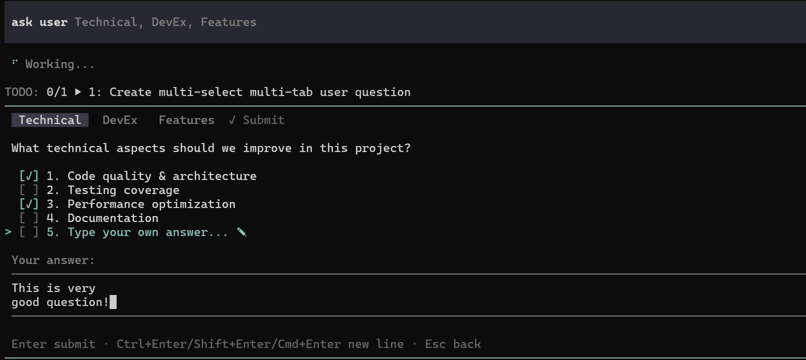 Multi-select with checkboxes across tabbed questions, including a multiline free-text answer