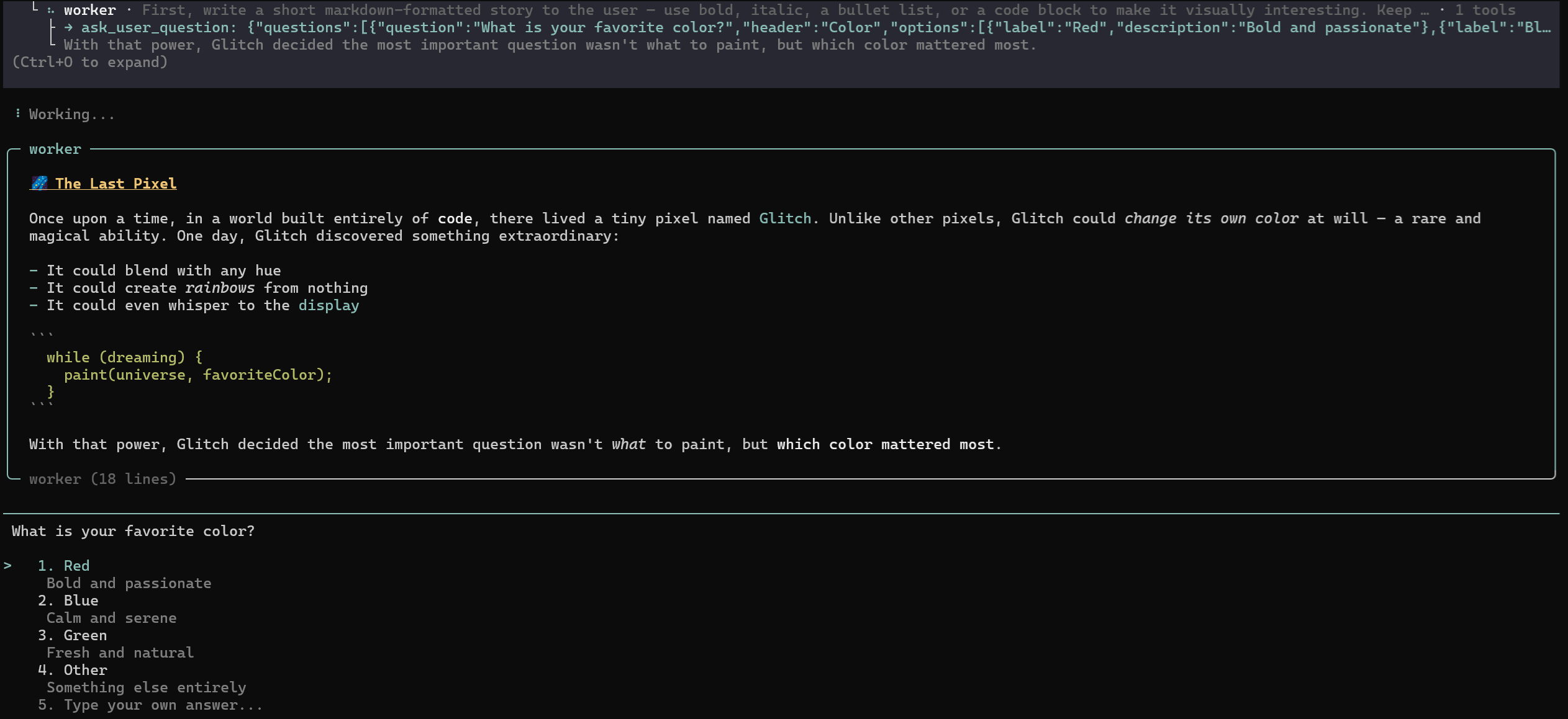 Question with preceding message from subagent
