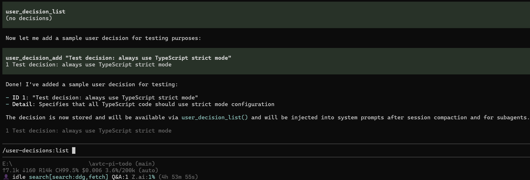 user-decisions tool call and list