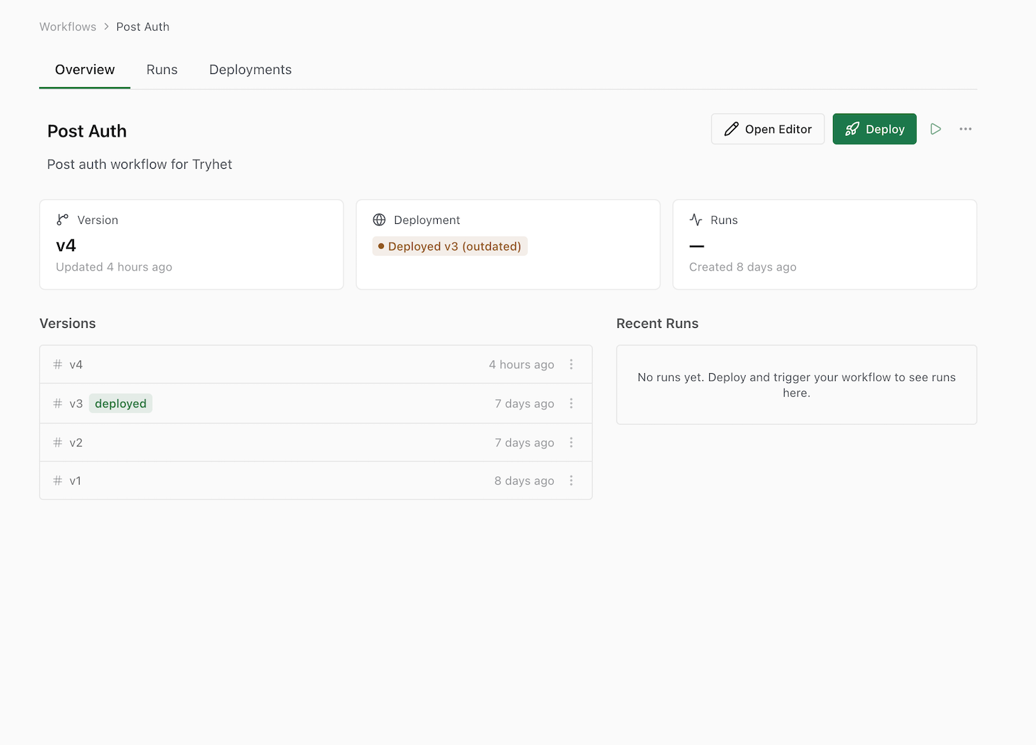 Deployment overview with versions and runs