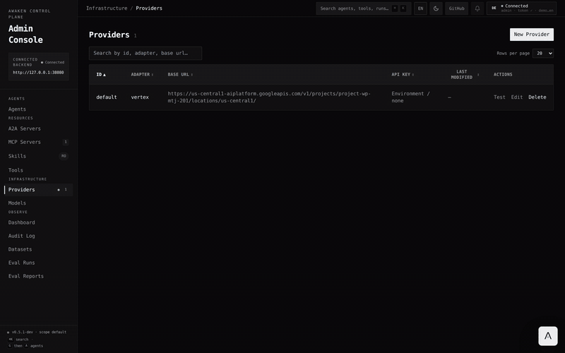 Awaken admin console — connect Gemini, build an agent with the AI assistant, then test it live in the sandbox