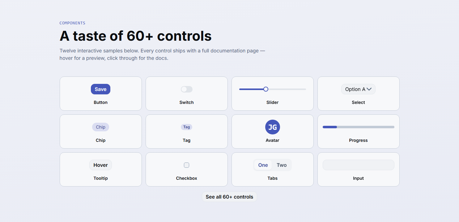 Button, switch, slider, select, chip, tag, avatar, progress, tooltip, checkbox, tabs and input