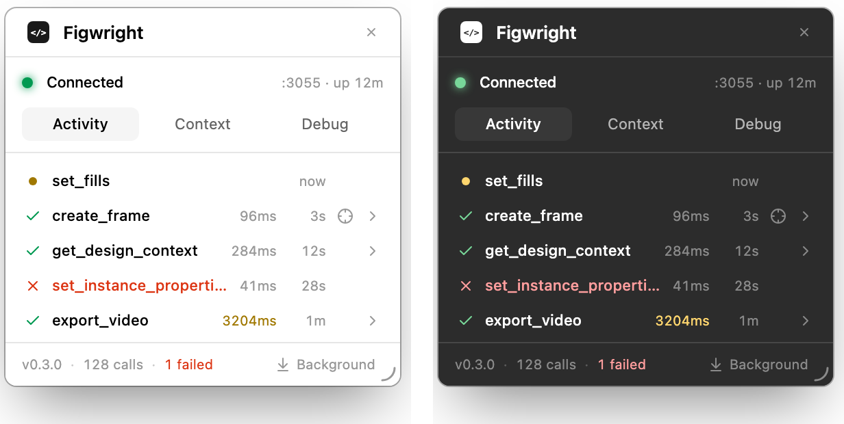 The same panel side by side in Figma's light and dark themes