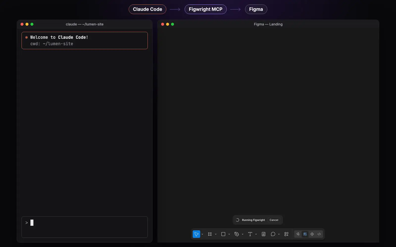 Claude Code building a landing page on the Figma canvas through Figwright, one tool call at a time