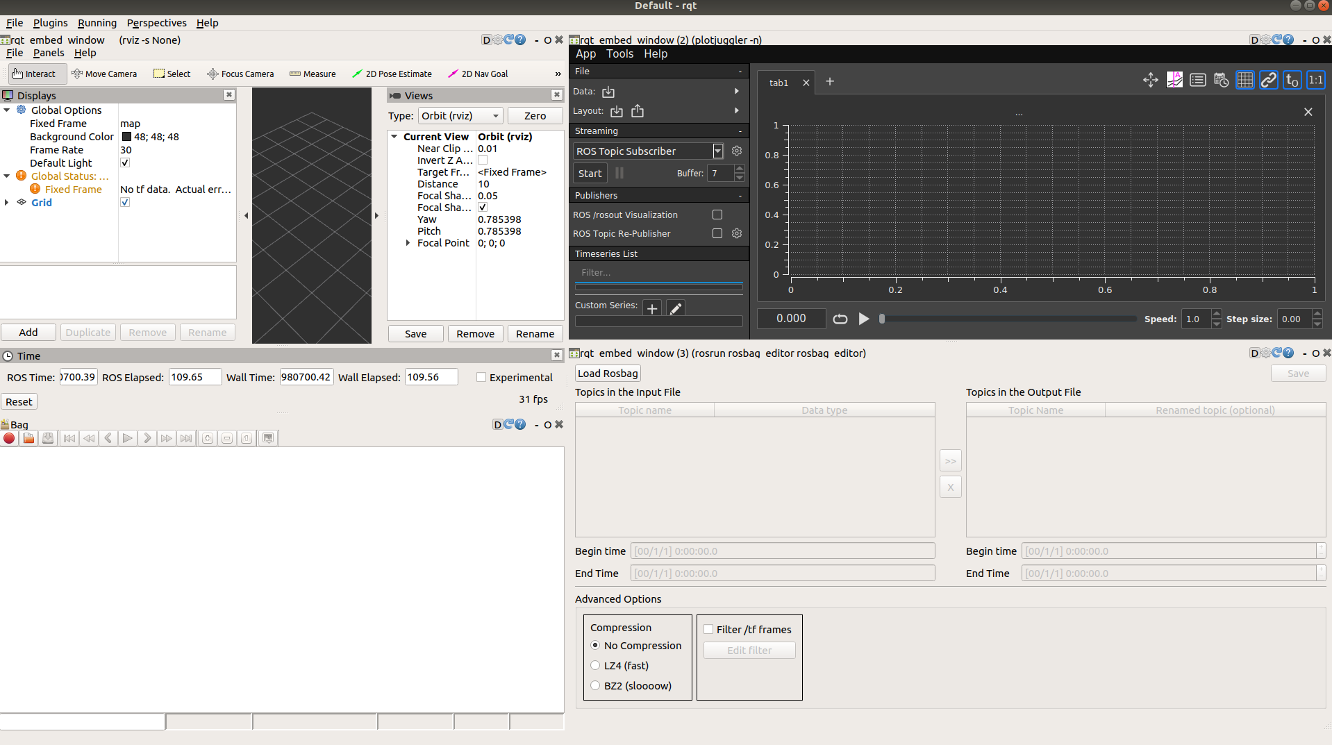 Screenshot of SimpleScreenRecorder, Rviz, Plotjuggler, rosbag_editor and a normal rqt_console