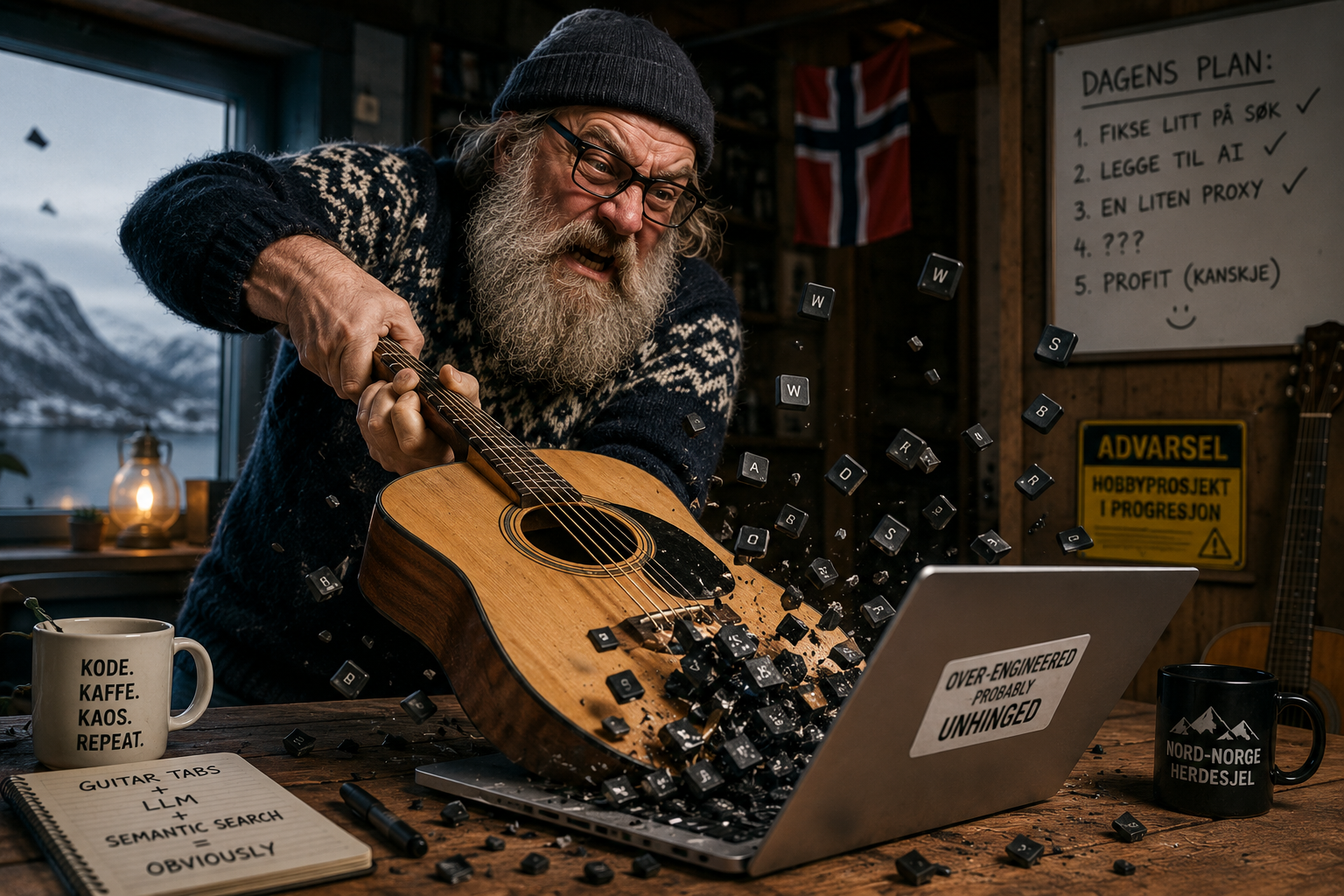 A manic developer in a Norwegian sweater smashing an acoustic guitar into a laptop, keyboard keys flying out of the soundhole. The whiteboard reads "DAGENS PLAN: 1. Fikse litt på søk ✓ 2. Legge til AI ✓ 3. En liten proxy ✓ 4. ??? 5. Profit (kanskje)"