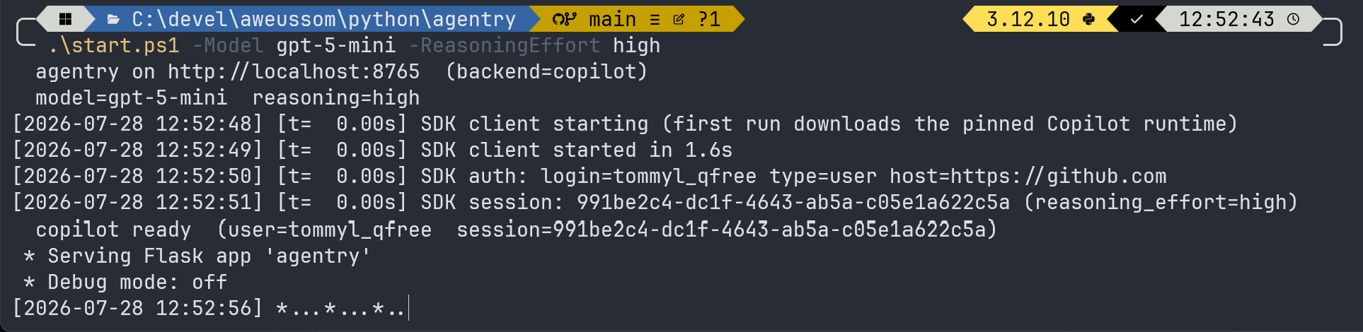 Launcher console: the SDK client starts in under two seconds, reports the authenticated GitHub login, opens a session, and settles into the idle heartbeat — every subsequent chat request lands on the same warm process