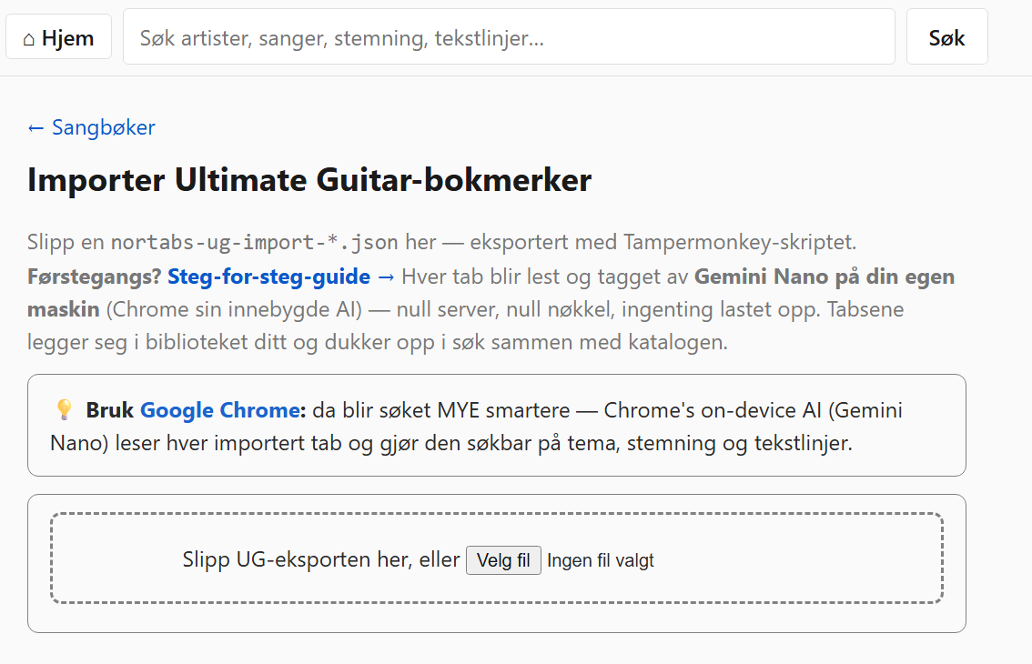Ultimate Guitar import page with on-device AI ready